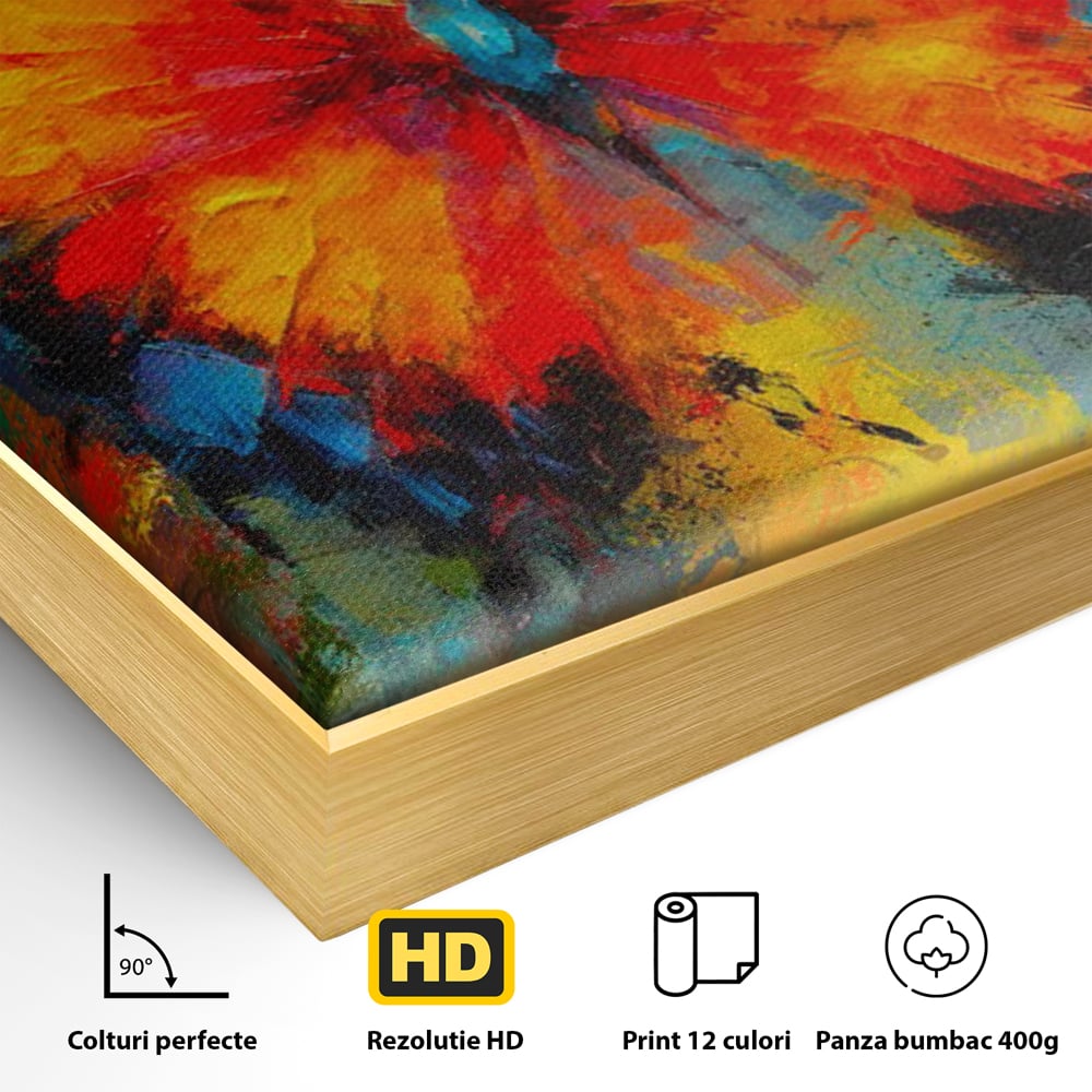 Detaliu al suprafetei: pictura orizontala cu fluture colorat, in rama de aluminiu auriu